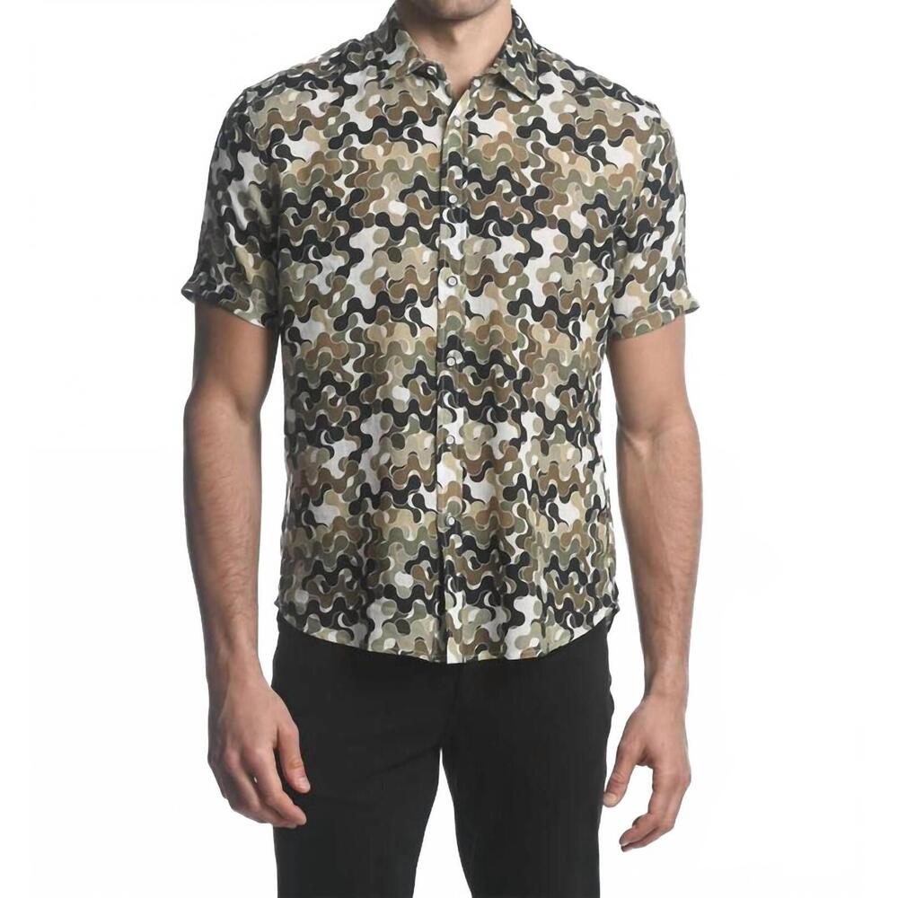 NEW POSTMARC squiggles linen short sleeve shirt in spruce/ black